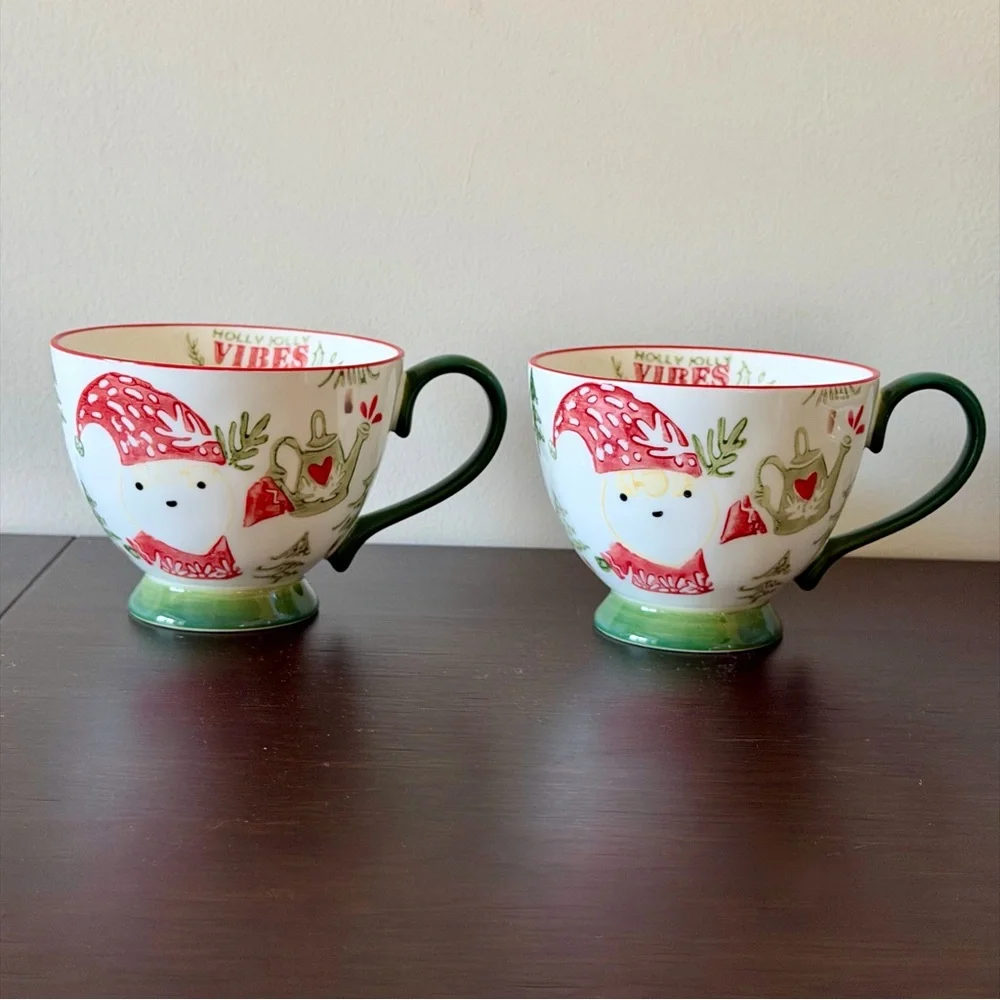 World Market Holly Jolly Vibes Christmas Mugs Woodland Santa Set of 2 NWOT